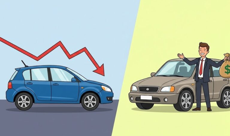 Ilustración partida en dos. A la izquierda, un coche nuevo saliendo de un concesionario brillante; al cruzar la puerta, su etiqueta de precio baja instantáneamente de 30.000€ a 24.000€, simbolizando la depreciación. A la derecha, un conductor feliz en un coche de segunda mano idéntico pero sucio, sosteniendo un saco de dinero ahorrado, representando la inteligencia financiera de comprar usado.