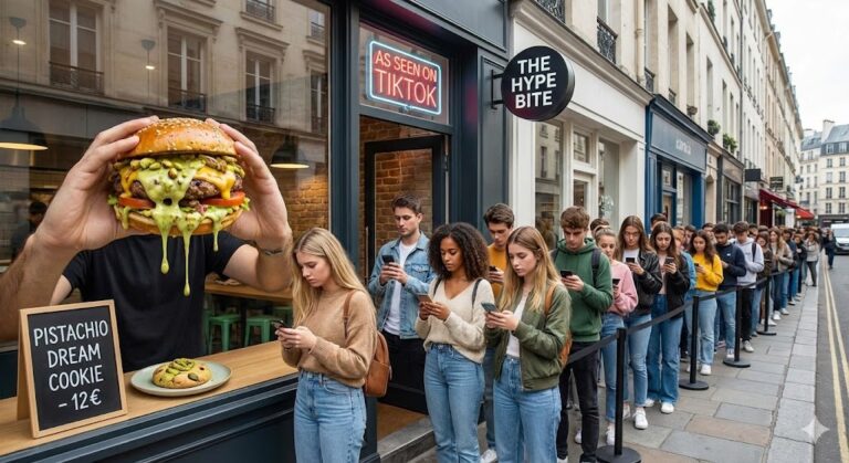 Fotografía satírica que muestra una larga cola de jóvenes mirando sus móviles frente a una cafetería de moda llamada 'THE HYPE BITE'. Un neón indica 'AS SEEN ON TIKTOK' y un cartel anuncia una 'Pistachio Dream Cookie' por 12€, mientras unas manos gigantes sostienen una hamburguesa exagerada chorreando salsa de pistacho, ilustrando la locura por la comida viral cara.