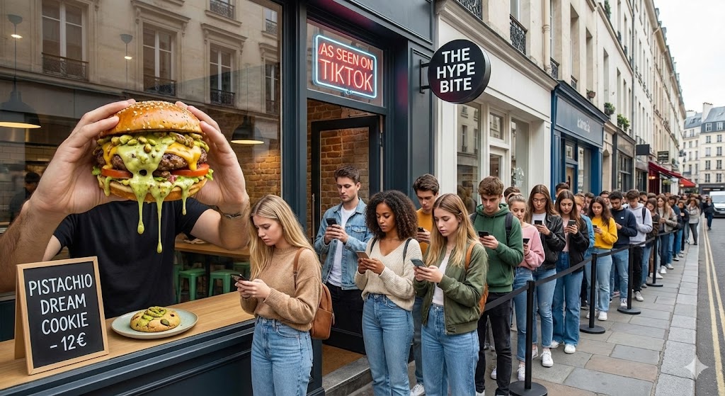 Fotografía satírica que muestra una larga cola de jóvenes mirando sus móviles frente a una cafetería de moda llamada 'THE HYPE BITE'. Un neón indica 'AS SEEN ON TIKTOK' y un cartel anuncia una 'Pistachio Dream Cookie' por 12€, mientras unas manos gigantes sostienen una hamburguesa exagerada chorreando salsa de pistacho, ilustrando la locura por la comida viral cara.