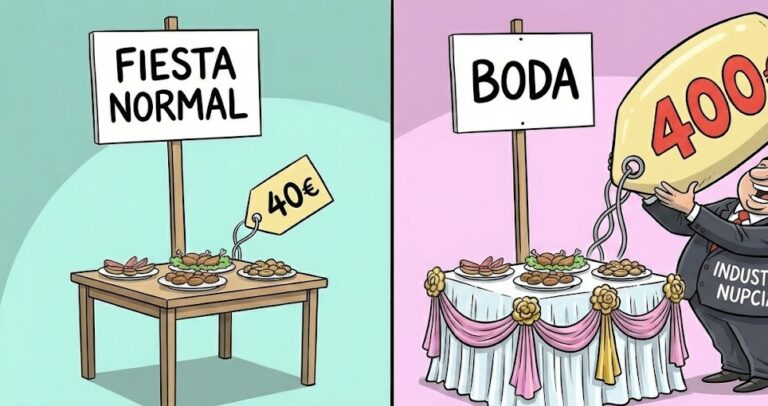 Ilustración satírica dividida en dos paneles. A la izquierda, una mesa de banquete sencilla bajo el cartel 'FIESTA NORMAL' con una etiqueta de precio de 40€. A la derecha, la misma mesa con adornos rosas bajo el cartel 'BODA', donde un hombre de negocios etiquetado como 'INDUSTRIA NUPCIAL' coloca una etiqueta de precio gigante de 400€, simbolizando el abuso de precios en el sector.