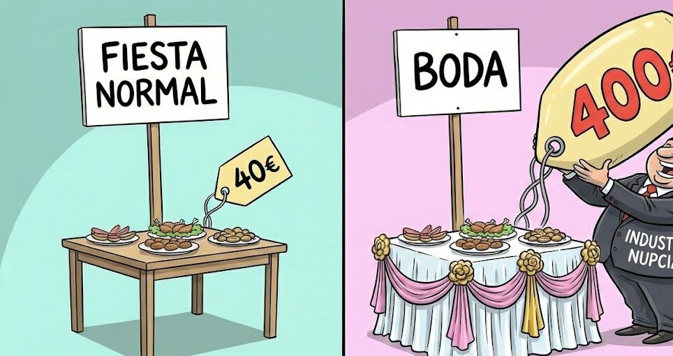 Ilustración satírica dividida en dos paneles. A la izquierda, una mesa de banquete sencilla bajo el cartel 'FIESTA NORMAL' con una etiqueta de precio de 40€. A la derecha, la misma mesa con adornos rosas bajo el cartel 'BODA', donde un hombre de negocios etiquetado como 'INDUSTRIA NUPCIAL' coloca una etiqueta de precio gigante de 400€, simbolizando el abuso de precios en el sector.