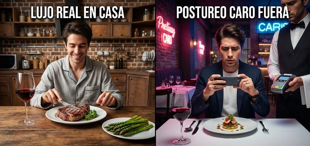Imagen de pantalla dividida: A la izquierda, 'LUJO REAL EN CASA', una persona relajada en pijama disfrutando de un chuletón de alta calidad y vino bueno en una cocina acogedora. A la derecha, 'POSTUREO CARO FUERA', la misma persona tensa y arreglada fotografiando un plato minúsculo y caro en un restaurante oscuro y pretencioso, con una nevera vacía de fondo.