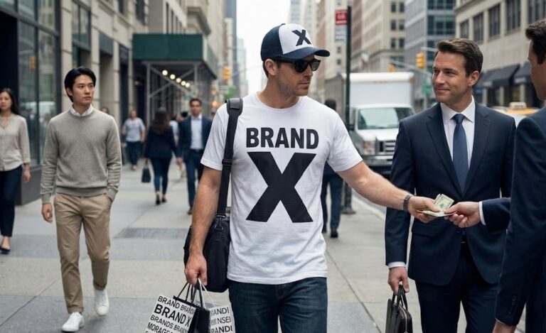 Ilustración satírica de un hombre caminando por la calle convertido en una valla publicitaria humana, con ropa llena de logos gigantes de marcas de moda, mientras entrega billetes a las corporaciones, contrastando con una persona elegante sin logos al fondo.