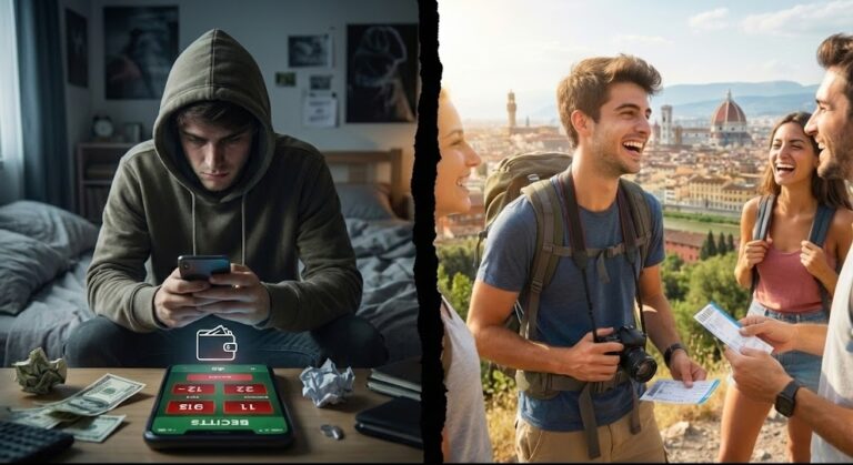 Ilustración conceptual dividida en dos mitades contrastadas. A la izquierda, en tonos oscuros y verdosos, un joven estresado y cabizbajo mirando el móvil con una app de apuestas y dinero volando hacia un desagüe. A la derecha, en colores vivos y soleados, el mismo joven feliz con una mochila de viaje frente a un monumento famoso, representando la inversión en experiencias frente al gasto en juego.