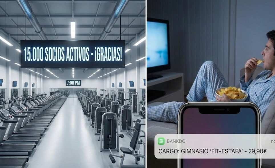 Imagen dividida comparando la realidad del negocio de los gimnasios low cost. A la izquierda, una sala de máquinas enorme y vacía con un cartel de '15.000 SOCIOS ACTIVOS', mostrando que su rentabilidad depende de que la gente no vaya. A la derecha, un hombre en el sofá comiendo patatas recibe una notificación de cargo bancario del gimnasio, ilustrando la alta tasa de abandono gym y la dificultad para ahorrar la cuota.
