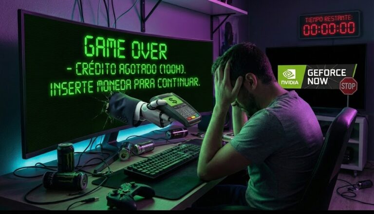 Imagen satírica de un gamer frustrado frente a un monitor de alta gama. En la pantalla aparece un mensaje de error estilo sistema agresivo en verde neón: 'GAME OVER - CRÉDITO AGOTADO (100h)'. Una mano corporativa con traje sale del monitor exigiendo más monedas para continuar, mientras el jugador sostiene un mando roto, simbolizando el control abusivo de las suscripciones de juego en la nube.
