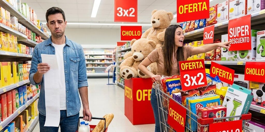 Ilustración cómica en un supermercado: Un hombre mira con resignación una lista de la compra larga, mientras su novia llega feliz con el carro lleno de productos innecesarios con etiquetas rojas de 'OFERTA' y '3x2', representando el conflicto financiero en pareja.