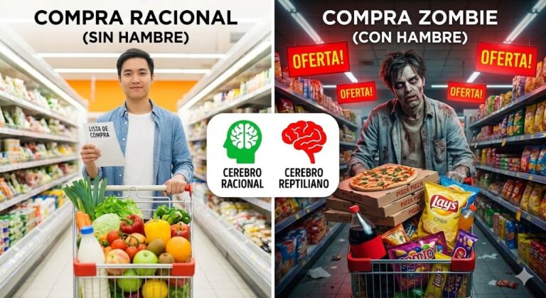 Ilustración dividida: A la izquierda, un cerebro racional con una lista de la compra y una cesta llena de verduras; a la derecha, un 'cerebro zombie' hambriento empujando un carro lleno de comida basura cara y ofertas trampa, representando el peligro financiero de comprar con hambre.