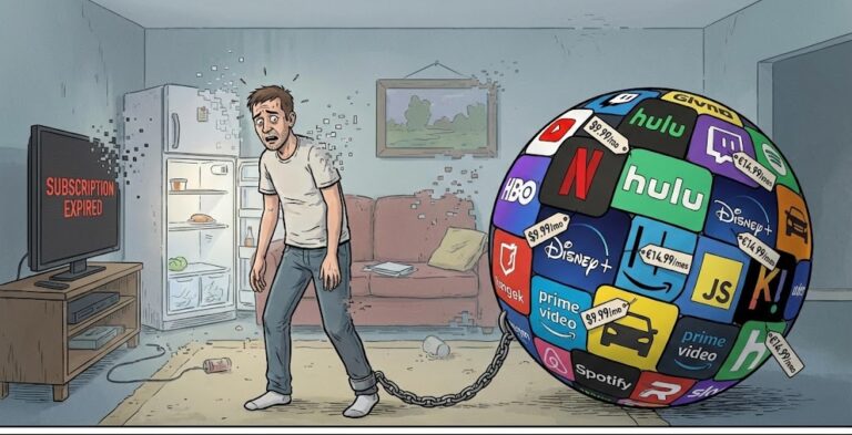 Ilustración satírica de un salón moderno donde todos los objetos (televisión, sofá, nevera) se están desvaneciendo o pixelando porque ha caducado la suscripción. En el centro, una persona angustiada encadenada a una bola gigante formada por logotipos de servicios de streaming y porcentajes de carga al 0%, representando la pérdida de propiedad y la esclavitud de los pagos mensuales.