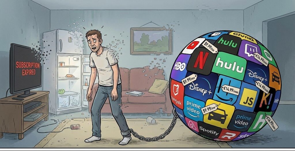 Ilustración satírica de un salón moderno donde todos los objetos (televisión, sofá, nevera) se están desvaneciendo o pixelando porque ha caducado la suscripción. En el centro, una persona angustiada encadenada a una bola gigante formada por logotipos de servicios de streaming y porcentajes de carga al 0%, representando la pérdida de propiedad y la esclavitud de los pagos mensuales.