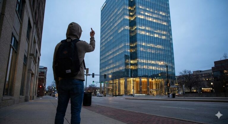 Joven mirando edificio de oficinas representando la renuncia al sistema y la libertad financiera
