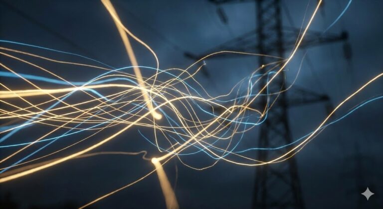 Ilustración abstracta y minimalista de líneas de energía eléctrica brillando en la oscuridad, representando el flujo de la red y la complejidad de las tarifas de la luz.