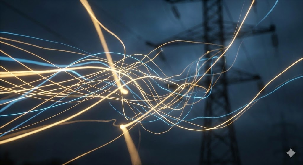 Ilustración abstracta y minimalista de líneas de energía eléctrica brillando en la oscuridad, representando el flujo de la red y la complejidad de las tarifas de la luz.