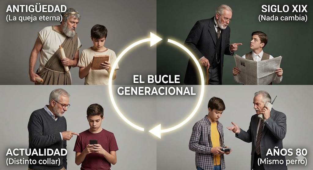 Collage de cuatro paneles que ilustra 'El Bucle Generacional'. Muestra a hombres mayores regañando a jóvenes por el uso de la tecnología de su época (tablilla de arcilla, periódico, walkman, smartphone) en la Antigüedad, el Siglo XIX, los Años 80 y la Actualidad, unidos por una flecha cíclica central.