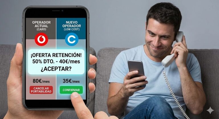 Hombre sonriente en el sofá negociando su tarifa por teléfono, mientras su smartphone muestra una pantalla dividida entre operador caro y low cost, y una ventana emergente con una 'Oferta de Retención' del 50% de descuento por realizar el amago.