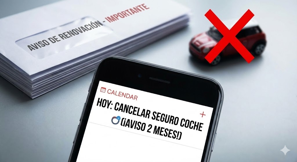 Primer plano de un smartphone mostrando una alerta de calendario que dice 'CANCELAR SEGURO COCHE (¡AVISO 2 MESES!)'. Al fondo, cartas de renovación de la aseguradora y un coche de juguete tachado con una X roja, ilustrando cómo evitar la subida automática de precio.