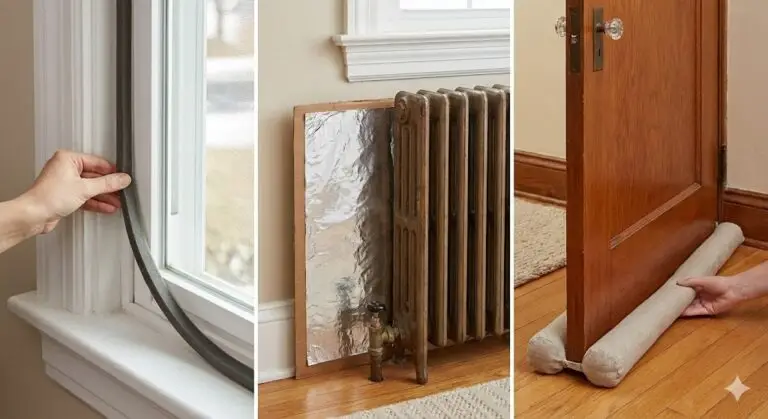 Collage de trucos de aislamiento low-cost: una mano colocando un burlete en una ventana, un panel reflectante casero detrás de un radiador y un 'burslete salchicha' bajo una puerta, mostrando cómo ahorrar en calefacción