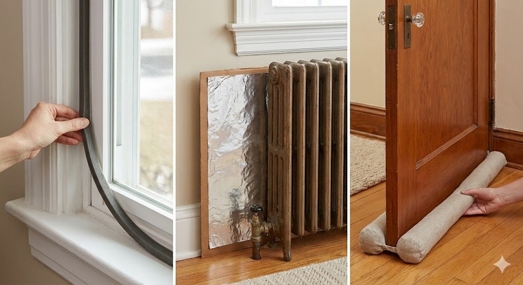 Collage de trucos de aislamiento low-cost: una mano colocando un burlete en una ventana, un panel reflectante casero detrás de un radiador y un 'burslete salchicha' bajo una puerta, mostrando cómo ahorrar en calefacción