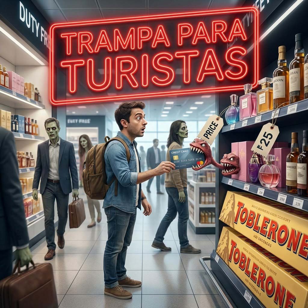 Imagen realista y satírica en formato cuadrado 1:1. Un pasillo de aeropuerto brillante y lujoso. Un turista con maleta mira hipnotizado una botella de whisky gigante y una barra de Toblerone del tamaño de una pierna. Las etiquetas de precio tienen dientes y están mordiendo la tarjeta de crédito del turista. Al fondo, un cartel luminoso dice "SIN IMPUESTOS" pero en la letra pequeña pone "CON SOBREPRECIO". Texto en neón rojo sobreimpreso: "TRAMPA PARA TURISTAS".