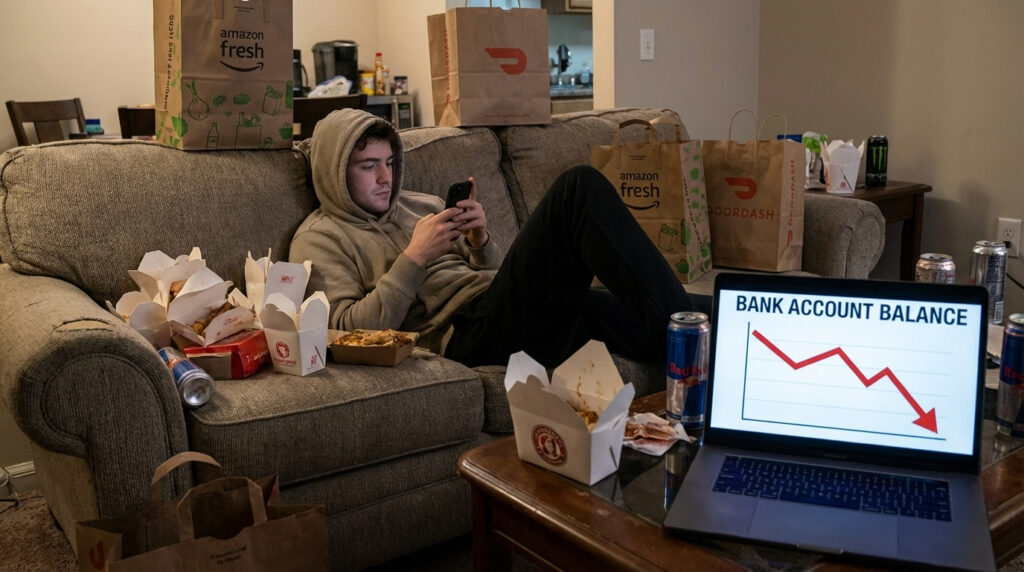 Fotografía realista de un joven recostado en el sofá mirando el móvil, rodeado de cajas de comida a domicilio y bolsas de supermercado de envío rápido, mientras un gráfico de su cuenta bancaria cae en picado.