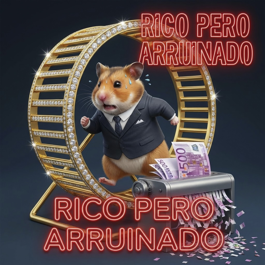 Imagen realista y satírica en formato cuadrado 1:1. Un hámster vestido con traje de ejecutivo y corbata corre desesperadamente dentro de una rueda. La rueda está hecha de oro macizo y diamantes, pero está conectada a una trituradora de papel que destruye billetes de 500€ a medida que el hámster corre. El hámster suda y tiene cara de pánico. Texto en neón rojo sobreimpreso: "RICO PERO ARRUINADO".