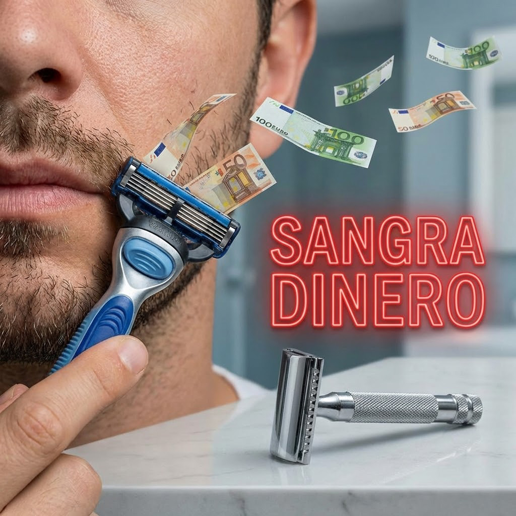 Imagen realista y satírica en formato cuadrado 1:1. Un primer plano de una maquinilla moderna de plástico con 5 hojas y banda lubricante. Está pasando por una cara, pero en lugar de cortar pelo, está "afeitando" la capa superficial de la piel que se transforma en billetes de 5 y 10 euros que salen volando. Al lado, una maquinilla clásica de acero inoxidable brillante, impecable y sólida. Texto en neón rojo sobreimpreso: "SANGRA DINERO".