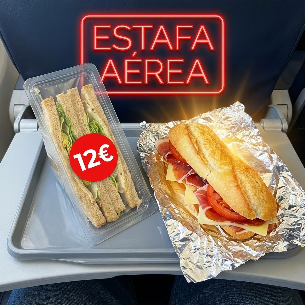 Imagen realista y satírica en formato cuadrado 1:1. En una bandeja de avión gris, un sándwich triangular de plástico, seco y con una esquina levantada, con una etiqueta de precio gigante que pone "12€". Al lado, fuera de la bandeja, un bocadillo casero espectacular de jamón y queso, envuelto en papel de aluminio brillante, que irradia luz divina. Texto en neón rojo sobreimpreso: "ESTAFA AÉREA".
