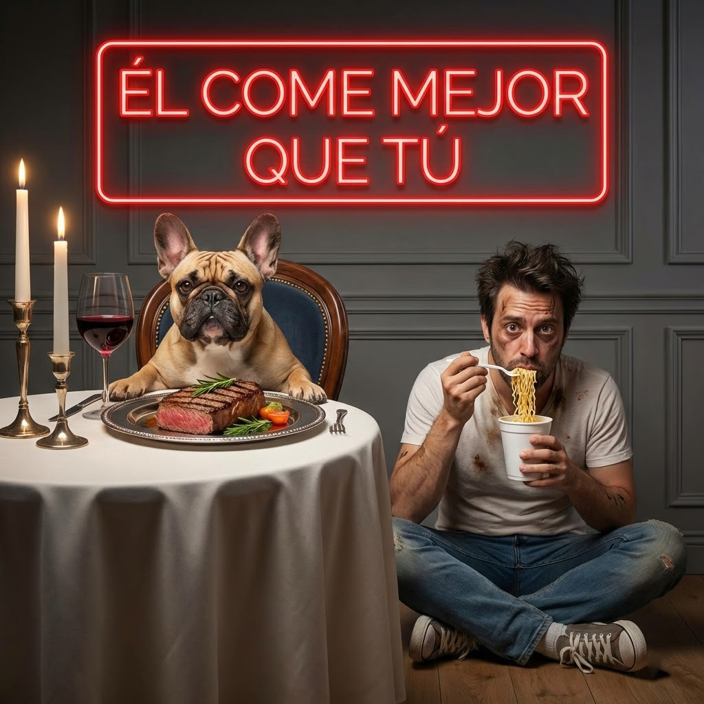 Imagen realista y satírica en formato cuadrado 1:1. Un perro (tipo Bulldog francés) sentado a la mesa con servilleta, delante de un plato de plata con un filete y una copa de vino. A su lado, su dueño está sentado en el suelo comiendo fideos instantáneos de un vaso de plástico. El perro mira al dueño con desprecio. Texto en neón rojo sobreimpreso: "ÉL COME MEJOR QUE TÚ".