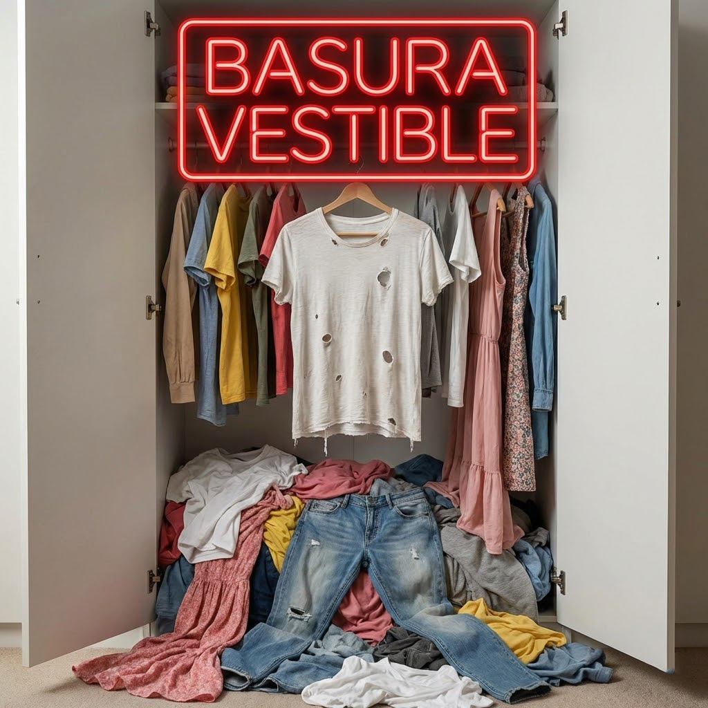 Imagen realista y satírica en formato cuadrado 1:1. Un armario abierto que vomita una avalancha de ropa arrugada, descolorida y deformada con etiquetas de rebajas. En el centro, una camiseta blanca que se ha encogido tanto tras un lavado que parece ropa de muñeca, con un agujero en la axila. Texto en neón rojo sobreimpreso: "BASURA VESTIBLE".