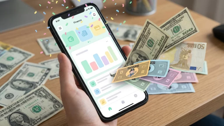 Un smartphone brillante mostrando una app financiera llena de colores pastel y confeti virtual, mientras billetes reales se transforman en billetes de Monopoly al ser absorbidos por la pantalla.
