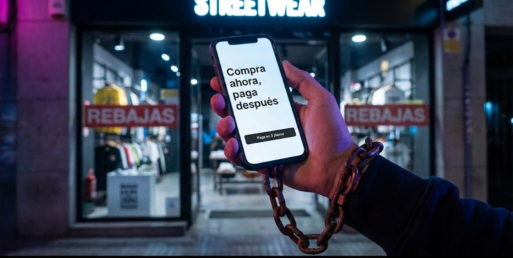 Primer plano de una mano sosteniendo un smartphone con una app de "Paga en 3 plazos" abierta, con una cadena de hierro atada a la muñeca que se pierde en la oscuridad. Fondo de neón desenfocado de tienda de ropa. Texto en imagen (opcional): LA TRAMPA DE LOS 3 PLAZOS.