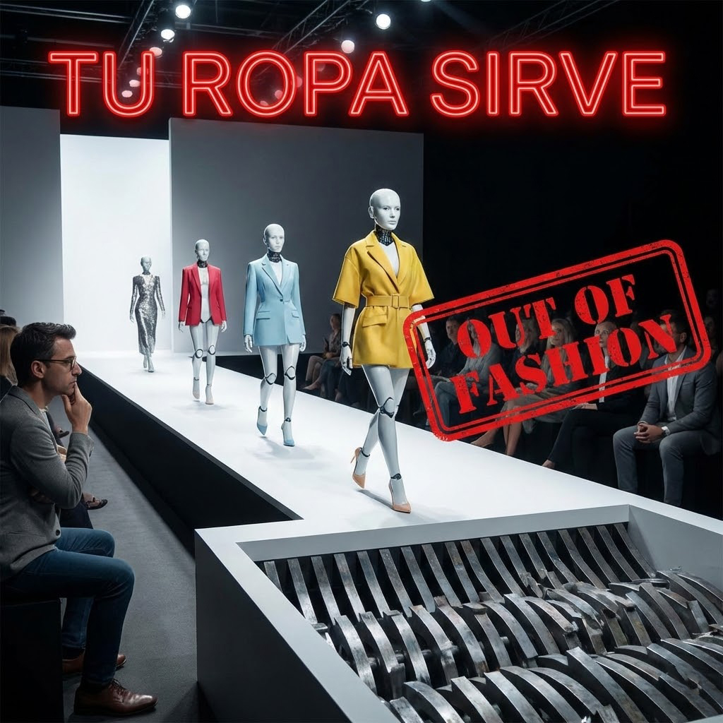 Imagen realista y satírica en formato cuadrado 1:1. Una pasarela de moda que termina en un triturador de basura gigante. Modelos robóticos desfilan con ropa en perfecto estado, pero un jurado de influencers con gafas de sol gigantes les pone un sello rojo gigante que dice "PASADO DE MODA" y la ropa es triturada automáticamente. Al lado, una persona normal con vaqueros clásicos y camiseta blanca mira la escena con escepticismo. Texto en neón rojo sobreimpreso: "TU ROPA SIRVE".