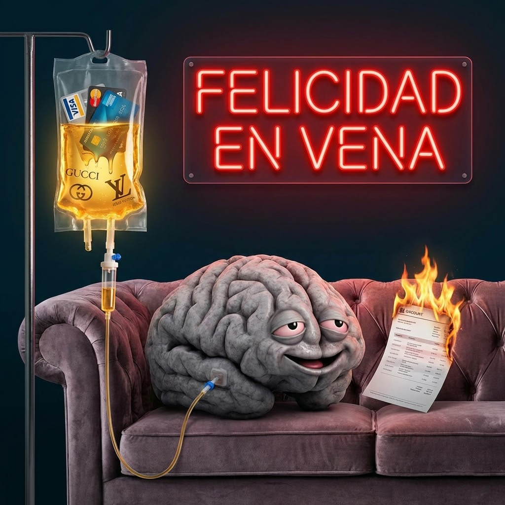Imagen realista y satírica en formato cuadrado 1:1. Un cerebro humano triste y gris conectado a un gotero médico. La bolsa del gotero no tiene medicina, sino tarjetas de crédito derretidas y logotipos de marcas de lujo que gotean un líquido dorado brillante. El cerebro sonríe estúpidamente mientras su cuenta bancaria al lado se incendia. Texto en neón rojo sobreimpreso: "FELICIDAD EN VENA".