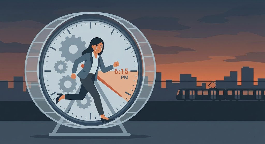 Ilustración vectorial plana de una joven llorando mientras corre dentro de una rueda de hámster gigante que tiene forma de reloj. El fondo es un atardecer oscuro, simbolizando la pérdida de todo el día.