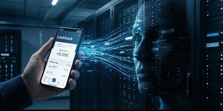 Fotografía cinemática en 16:10.5 con una franja negra inferior. Una mano sostiene un smartphone mostrando una app de cashback con un saldo de "0,25€". De la pantalla salen hilos de luz azul que conectan con un servidor gigante en un centro de datos oscuro, donde se ve un perfil digital de una persona siendo analizado. El ambiente es tecnológico y sombrío.