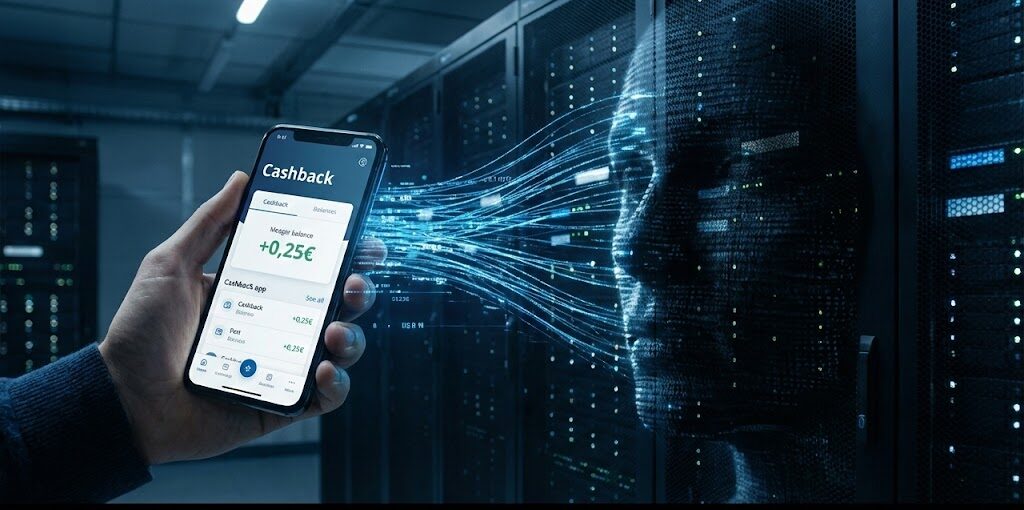 Fotografía cinemática en 16:10.5 con una franja negra inferior. Una mano sostiene un smartphone mostrando una app de cashback con un saldo de "0,25€". De la pantalla salen hilos de luz azul que conectan con un servidor gigante en un centro de datos oscuro, donde se ve un perfil digital de una persona siendo analizado. El ambiente es tecnológico y sombrío.