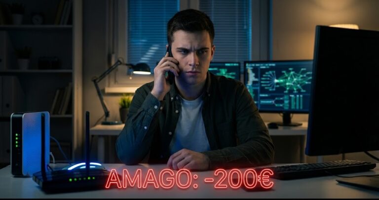Imagen cinemática en formato 16:10 con franja negra inferior. Un hombre joven hablando por teléfono con expresión seria y calculadora en un entorno oscuro iluminado por las luces de un router. Sobre la imagen, texto en neón rojo: "AMAGO: -200€".