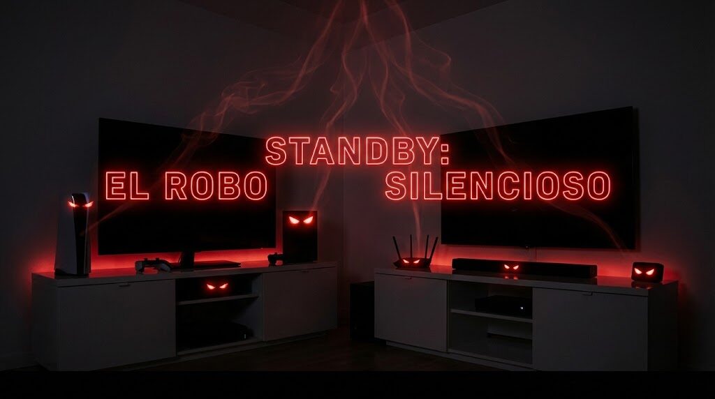 Fotografía cinemática nocturna en formato 16:10 con franja negra inferior. Un salón a oscuras donde se ven múltiples puntos de luz roja brillante (pilotos de TV, consola, router) que parecen ojos amenazantes en la oscuridad. Un humo rojo sutil emana de ellos. Sobre la imagen, texto en neón rojo parpadeante: "STANDBY: EL ROBO SILENCIOSO".