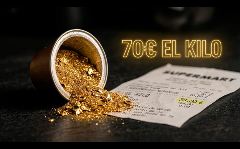 Fotografía macro cinemática en formato 16:10 con franja negra inferior. Una cápsula de café de aluminio abierta, pero en lugar de café, dentro hay polvo de oro brillante. Al lado, un ticket de compra arrugado. Iluminación dramática. Sobre la imagen, texto en neón dorado: "70€ EL KILO".