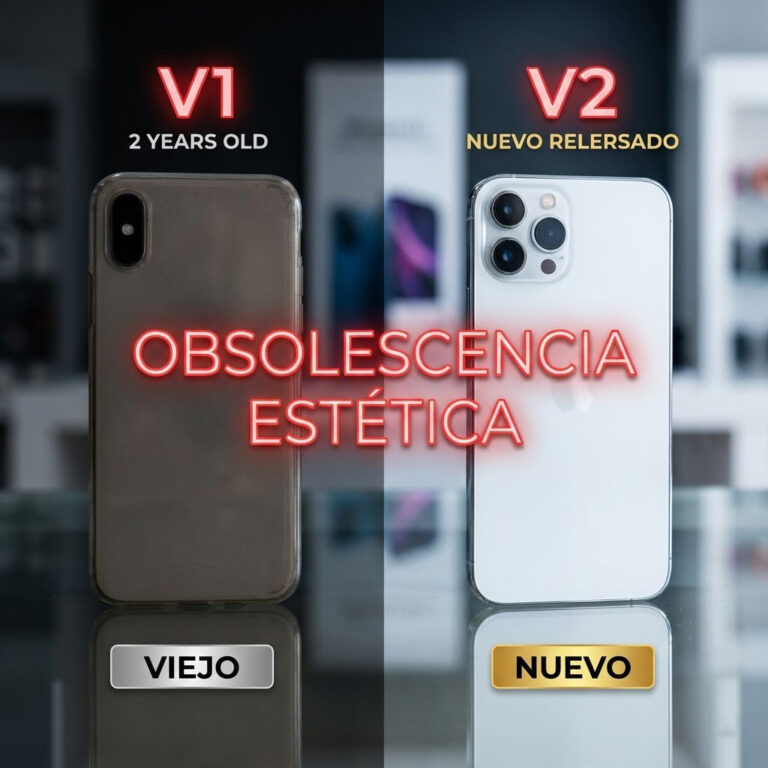 Ilustración 3D realista en formato cuadrado 1:1. Dos teléfonos móviles idénticos uno al lado del otro. El de la derecha tiene un aura dorada y la etiqueta "NUEVO", el de la izquierda está en sombra con la etiqueta "VIEJO", aunque son el mismo aparato. Fondo minimalista de tienda tecnológica.