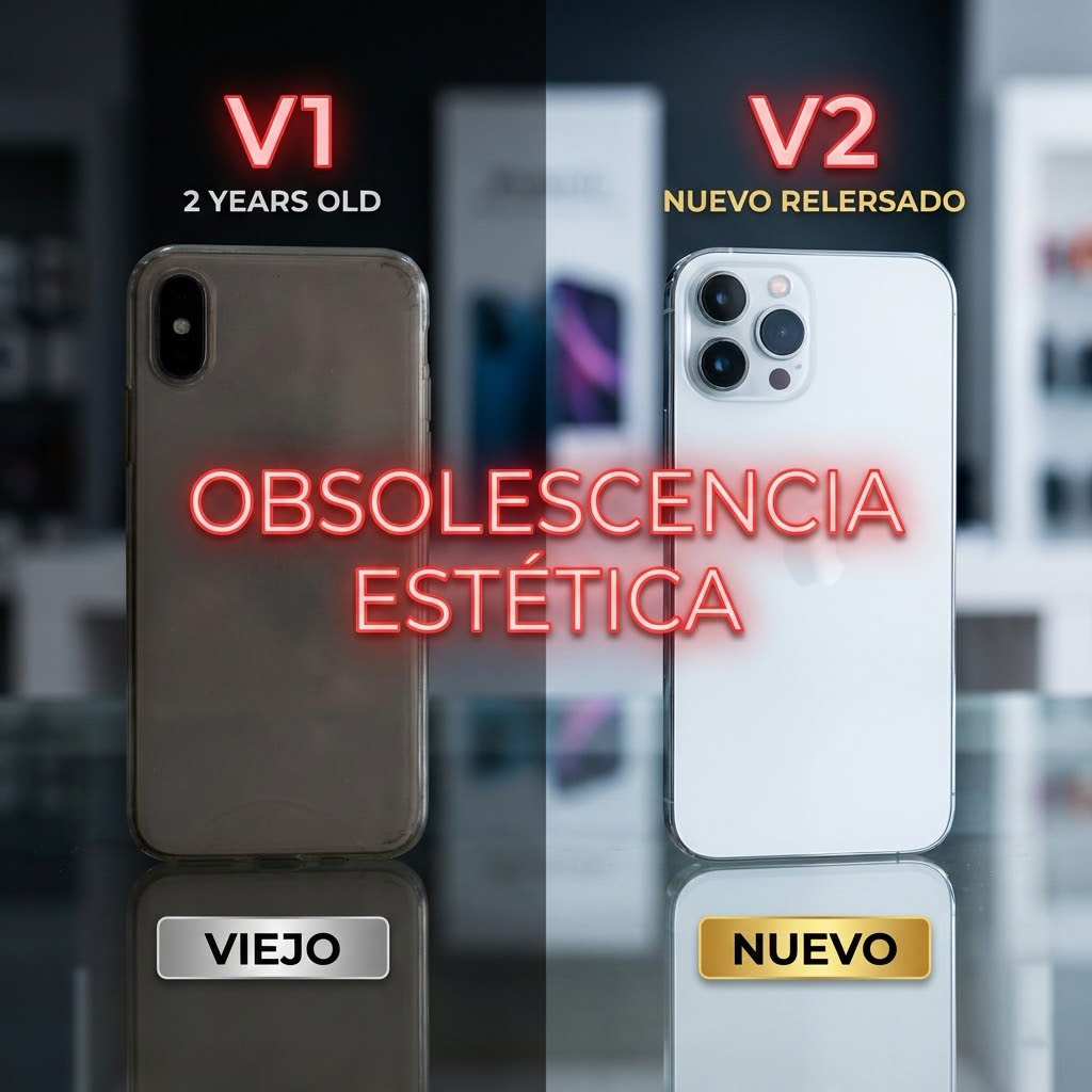 Ilustración 3D realista en formato cuadrado 1:1. Dos teléfonos móviles idénticos uno al lado del otro. El de la derecha tiene un aura dorada y la etiqueta "NUEVO", el de la izquierda está en sombra con la etiqueta "VIEJO", aunque son el mismo aparato. Fondo minimalista de tienda tecnológica.