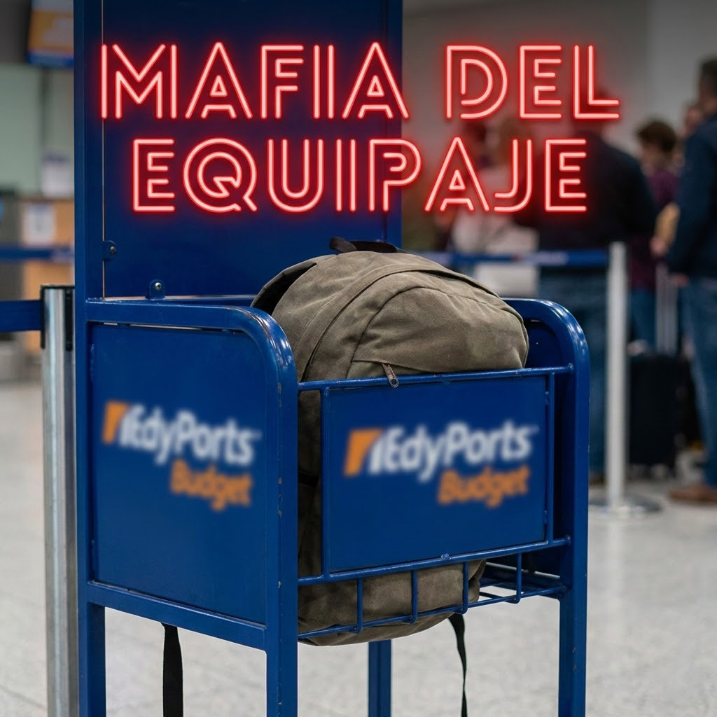 Imagen realista en formato cuadrado 1:1. Un primer plano dramático de la "jaula" metálica azul de medir maletas en un aeropuerto. Una maleta está atascada dentro. Al fondo, una cola de pasajeros borrosa. Sobre la imagen, texto en neón rojo brillante: "MAFIA DEL EQUIPAJE".