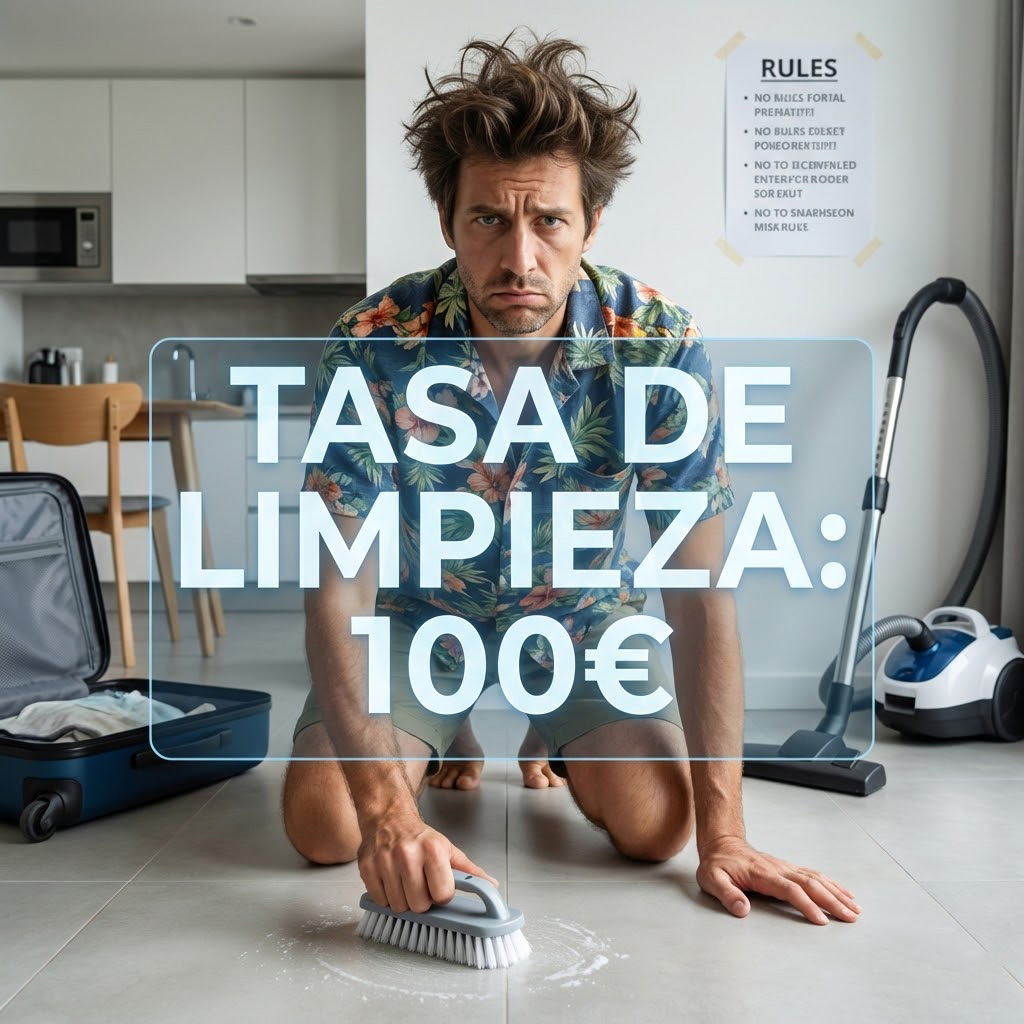 Imagen realista en formato cuadrado 1:1. Un turista con camisa hawaiana y maleta, con cara de desesperación, fregando platos y pasando la aspiradora en un apartamento moderno. En primer plano, una factura digital gigante flotando que dice "TASA DE LIMPIEZA: 100€".