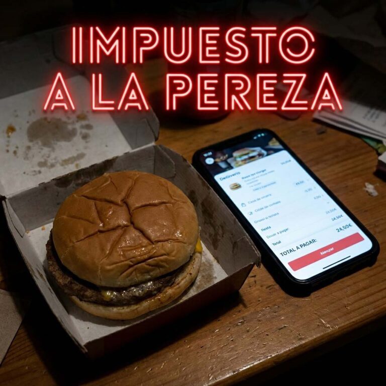 Imagen realista en formato cuadrado 1:1. Un primer plano de una hamburguesa triste, aplastada y fría dentro de un envase de cartón grasiento sobre una mesa desordenada. Al lado, la pantalla de un móvil brillando en la oscuridad mostrando la cuenta de la app de delivery: "TOTAL A PAGAR: 24,50€". Texto en neón rojo sobreimpreso: "IMPUESTO A LA PEREZA".