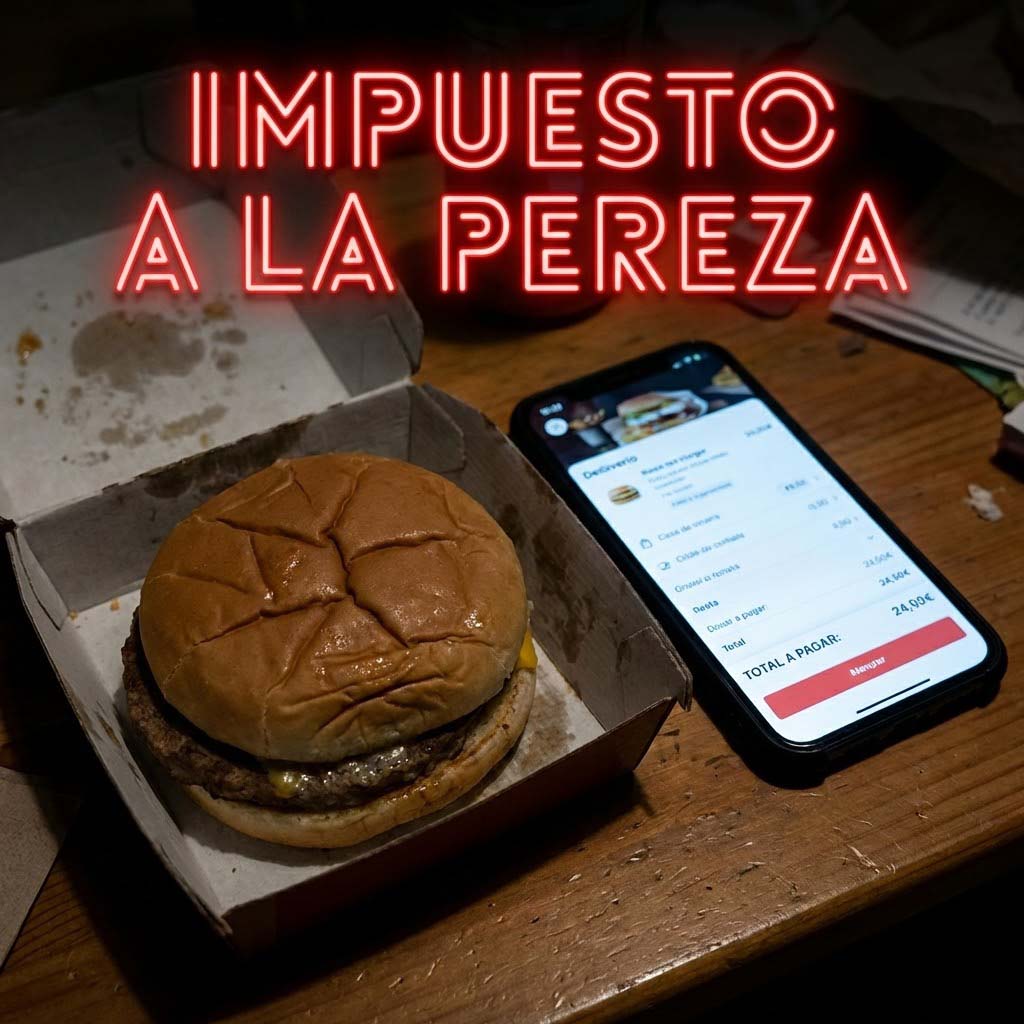 Imagen realista en formato cuadrado 1:1. Un primer plano de una hamburguesa triste, aplastada y fría dentro de un envase de cartón grasiento sobre una mesa desordenada. Al lado, la pantalla de un móvil brillando en la oscuridad mostrando la cuenta de la app de delivery: "TOTAL A PAGAR: 24,50€". Texto en neón rojo sobreimpreso: "IMPUESTO A LA PEREZA".