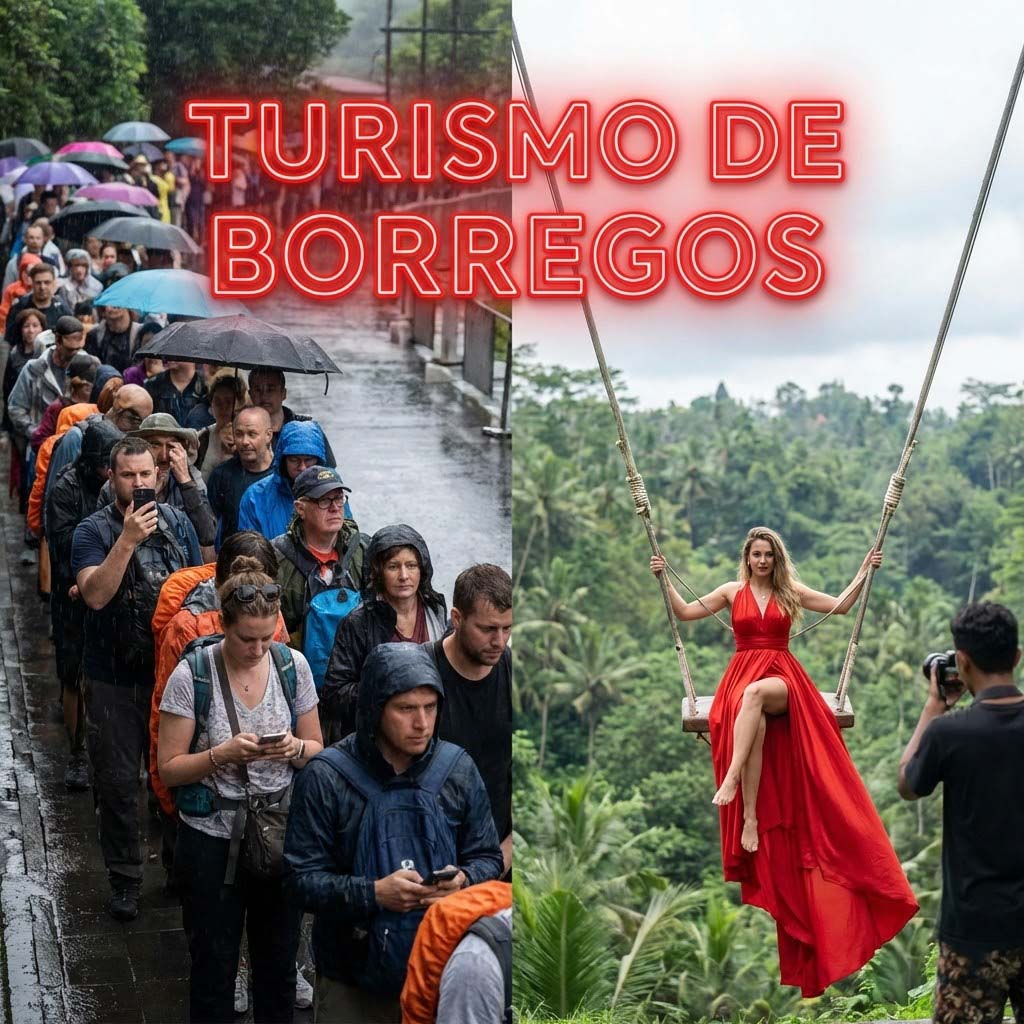 Imagen realista en formato cuadrado 1:1. Dividida visualmente (pero integrada). A la izquierda, una cola infinita de turistas aburridos mirando el móvil bajo la lluvia. A la derecha, un turista posando artificialmente en un "columpio balinés" con un vestido largo alquilado. Texto en neón rojo sobreimpreso: "TURISMO DE BORREGOS".