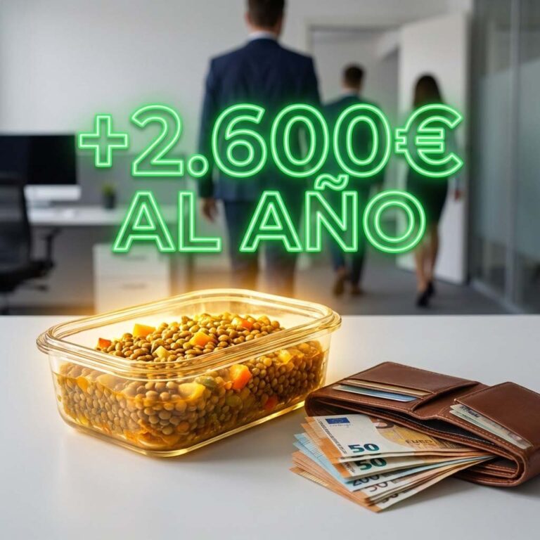 Imagen realista en formato cuadrado 1:1. Un escritorio de oficina moderno. En el centro, un táper de cristal con comida casera apetitosa que brilla como si fuera un tesoro. Al lado, una cartera abierta llena de billetes. Al fondo, borrosos, compañeros de trabajo yendo hacia la puerta. Texto en neón verde sobreimpreso: "+2.600€ AL AÑO".