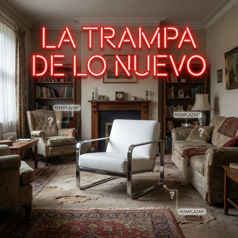 Imagen realista y conceptual en formato cuadrado 1:1. Un salón humilde y acogedor con muebles desgastados. En el centro, un sofá de diseño ultra moderno, de terciopelo rojo brillante, que "choca" visualmente con todo lo demás. Sobre los muebles viejos aparecen etiquetas de "REEMPLAZAR". Texto en neón rojo sobreimpreso: "LA TRAMPA DE LO NUEVO".