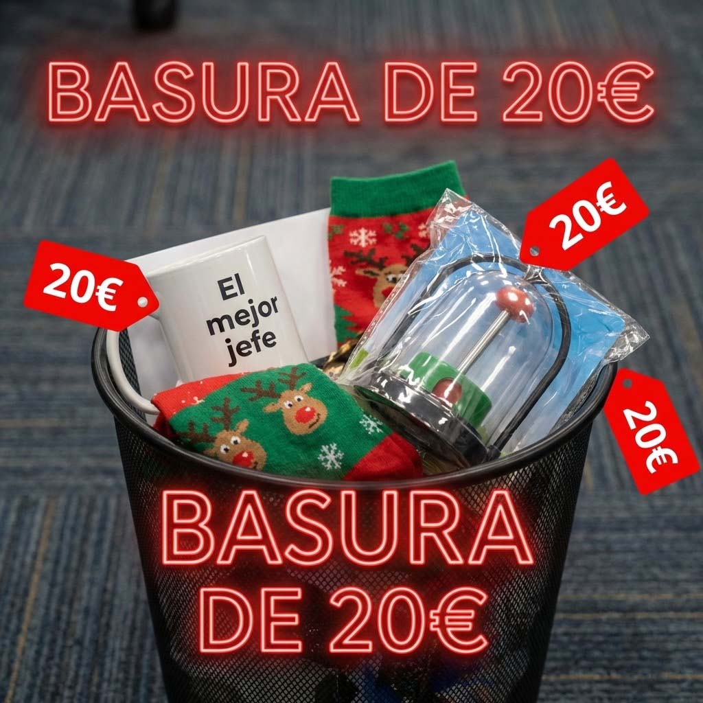 Imagen realista en formato cuadrado 1:1. Un primer plano de una papelera de oficina rebosante. Dentro se ven regalos típicos de amigo invisible: una taza con una frase absurda ("El mejor jefe"), unos calcetines de renos feos y un gadget de plástico sin abrir. Todo tiene una etiqueta de precio colgando que marca "20€". Texto en neón rojo sobreimpreso: "BASURA DE 20€".