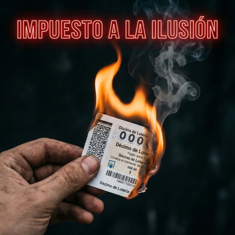 Imagen realista en formato cuadrado 1:1. Un primer plano de una mano sucia sujetando un décimo de lotería que se está quemando. El humo forma el símbolo del dólar ($) desvaneciéndose. Fondo oscuro y dramático. Texto en neón rojo sobreimpreso: "IMPUESTO A LA ILUSIÓN".